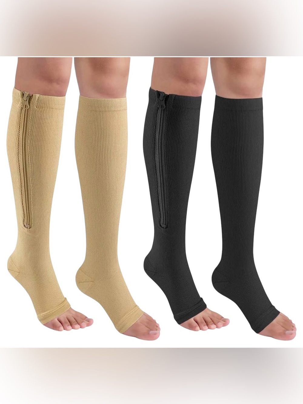 Back-Zip Compression Calf Socks — Black & Beige